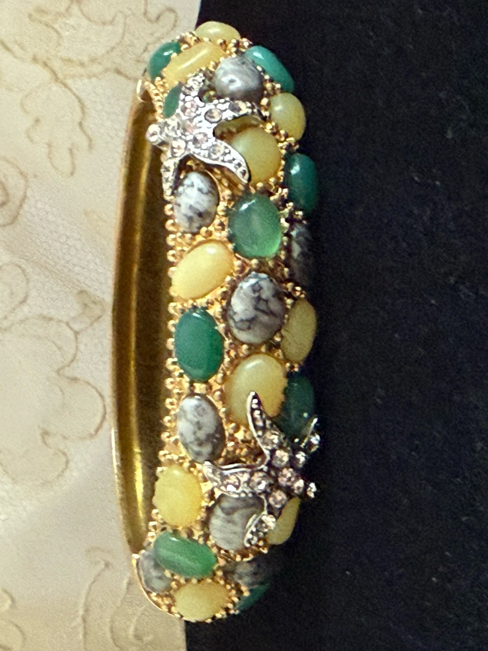 CAbi Gold-tone Bracelet Collectible with Green, Cream, and Gray Cabochons #2129 - Picture 7 of 11